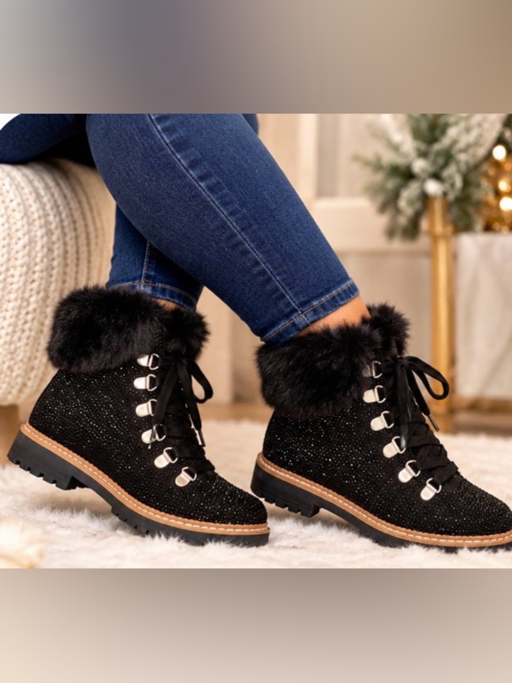 I.N.C. Pravale Black Bling Rhinestone Faux Fur Boots Size 9M NIB
